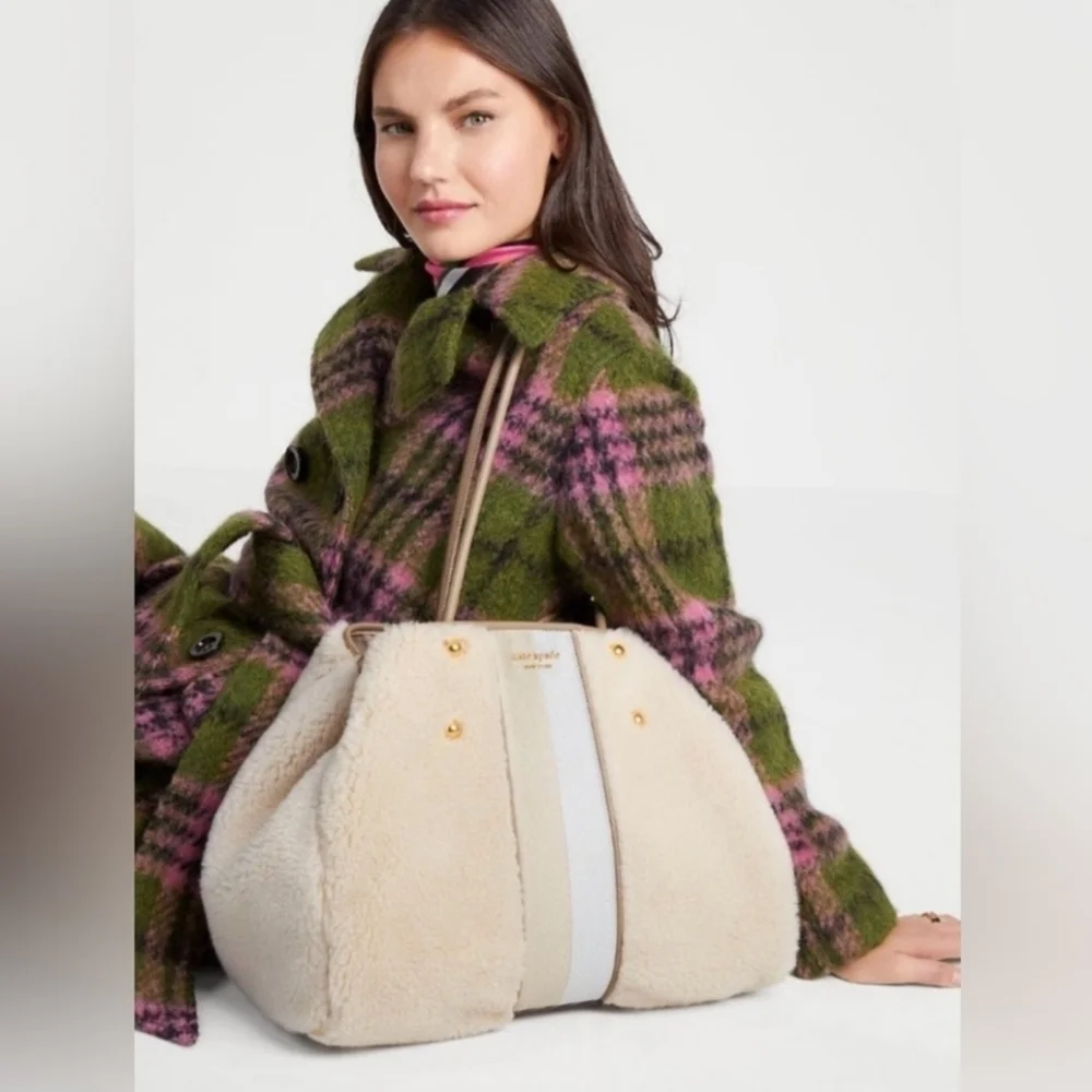 Kate Spade New York Everything Racing Stripe Faux Shearling Cream Tote Bag